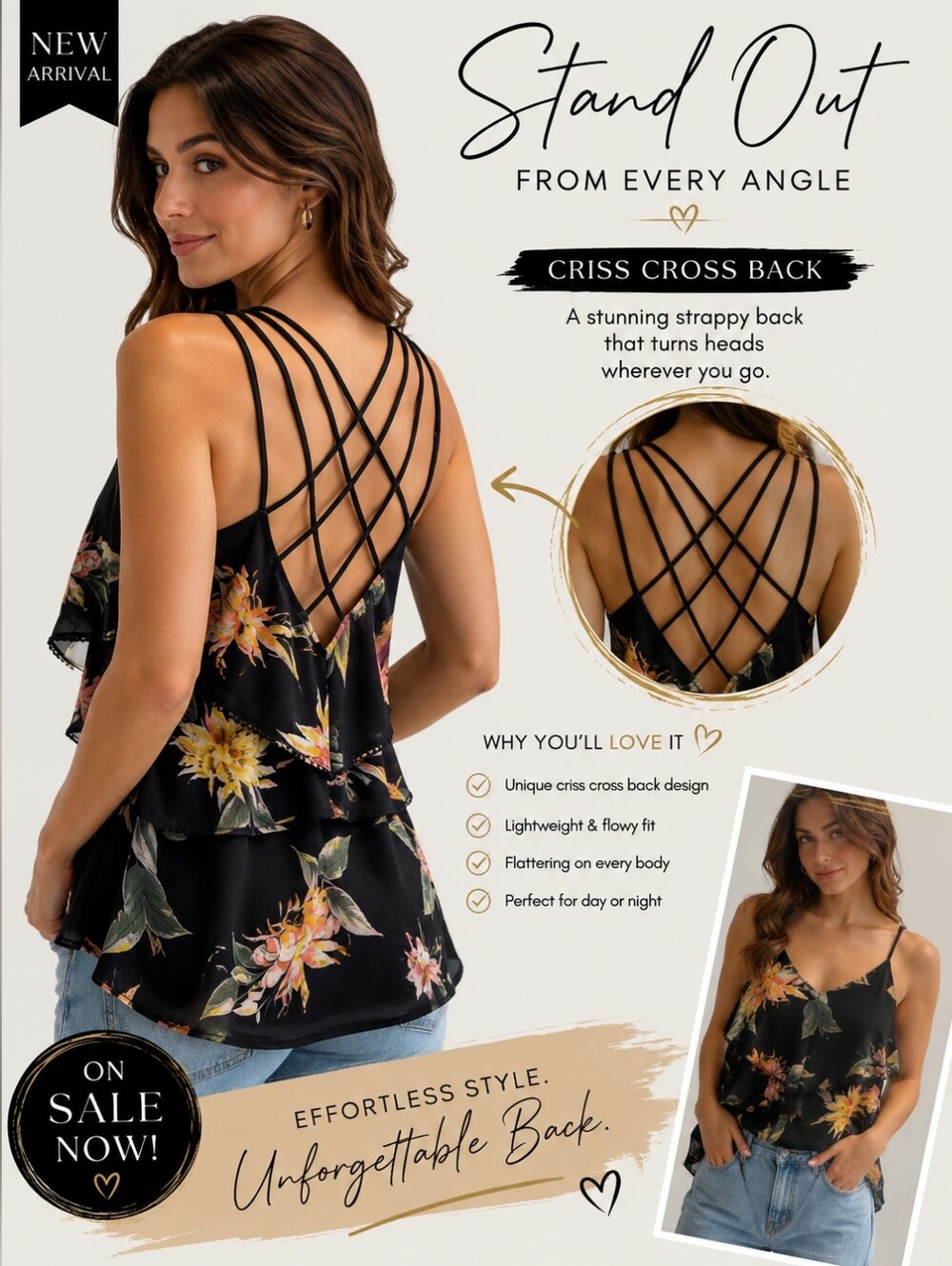 💙 Floral Ruffle Strappy Dressy Blouse Camisole - Black Floral